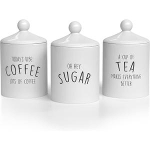 Barnyard Designs Ceramic Kitchen Canister Set  Decorative Farmhouse Coffee, Tea, Sugar Containers, Rustic Counter Storage Jars for Kitchen, White, Set of 3