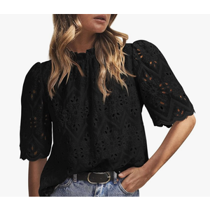 PRETTYGARDEN Summer Tops for Women 2025 Trendy Short Sleeve Eyelet Embroidered Dressy Casual Blouse Shirts, L