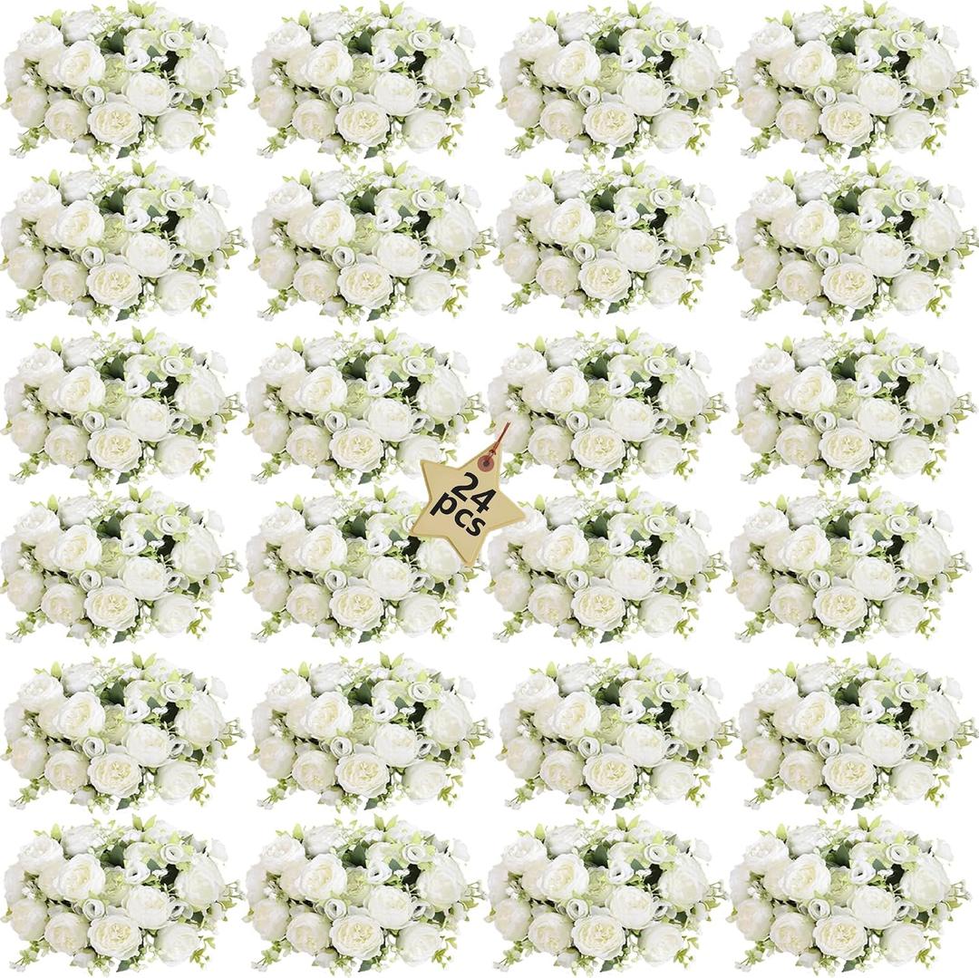 24 Bundles Peonies Artificial White Flowers Bouquet, Lifelike Silk Fake Peonies with Stems for Home Table Centerpieces, Wedding, Party & DIY Bridal Floral Arrangements (White)