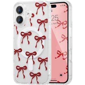 UEEBAI Magnetic for iPhone 16 Case, Burgundy Bow Case Compatible with MagSafe, Wireless Slim Clear Ribbon Aesthetic Phone Cover Anti-Yellowing Shockproof Protective Cover for Women Girl - Burgundy (iPhone 16, Burgundy)