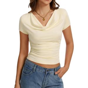 Women's Cowl Neck Tops Short Sleeve Slim Fit Ruched T-Shirts Summer Casual Dressy Business Blouses Going Out Top Beige (Beige)