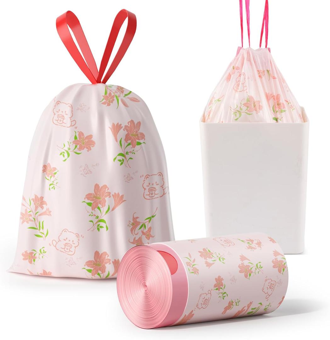 2 x Trash bags, 4 Gallon Trash Bags Drawstring, Colorful & Portable Small Trash Bags with Lily Printed, Tear-Resistant Garbage Bags 4 Gallon for Bathroom Office Trash Cans, 78 Count