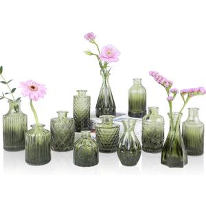 Green Glass Bud Vases Set of 12, Mini Flower Vase for Centerpieces, Small Glass Vases in Bulk for Wedding Decorations, Vintage Vase for Bridal Shower, Party, Recepetion, Home Table Dcor