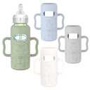 KingKam 4 Pack Silicone Sleeves for Dr. Brown's Glass Baby Bottles, Drop Protection Bottle Sleeves with Handles, Compatible with Dr. Brown's Anti-Colic Options+ Narrow Glass Baby Bottles, 8 oz/250 mL (Blue + Green + White + Grey 8OZ)