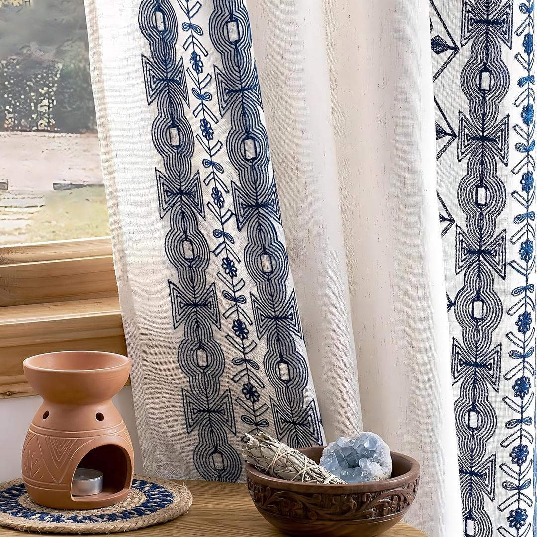 NICETOWN Boho Curtains with Navy Blue Trim 84" Long 2 Panels, Embroidered Cream Linen Textured Geometric Drapes with Antique Bronze Grommets, Light Filtering Window Treatment for Living Room & Nursery