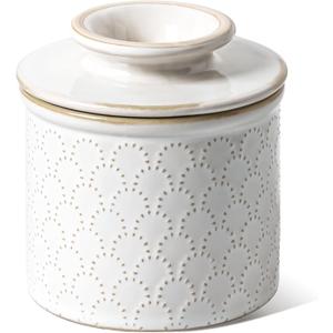 LE TAUCI Butter Crock, Butter Dish with Lid, Butter Container for Counter with Water Line, Embossed French Butter Keeper for Spreadable Butter, Suit For Housewarming - Set of 1, Arctic White