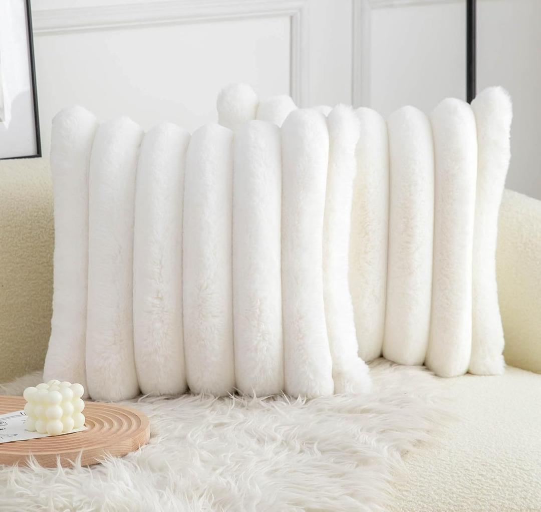 Neelvin Cream White Faux Fur Cozy Soft Striped Decorative Throw Pillow Covers 22x22 inch Set of 2,Velvet Pillowcase Cushion Case for Sofa Couch