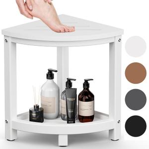 Shower Stool for Inside Shower, Corner Shower Bench Seat, HDPE Waterproof Shower Stool for Shaving Legs with Baffle Storage Shelf, Shower Seat/Foot Rest for Bathroom, Indoor/Outdoor Use, White