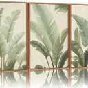 Rantodecor Sage Green Framed Canvas Wall Art, Minimalist Tropical Leaf Wall Decor, Boho Beige Nature Leaf Art Paintings, Bohemian Triple Panel Plant Artwork for Bedroom Living Room Office 24"x36"x3