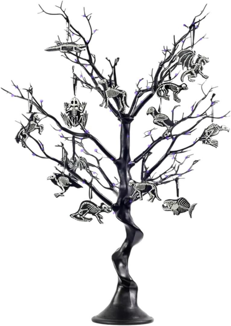 Animal Bones Black Halloween Tree with Lights - Horrornaments Tree Pack with Purple LED Lights - 13 Animal Skeletons Halloween Ornaments - Birch Christmas Tree Horror Decor Halloween Skeleton