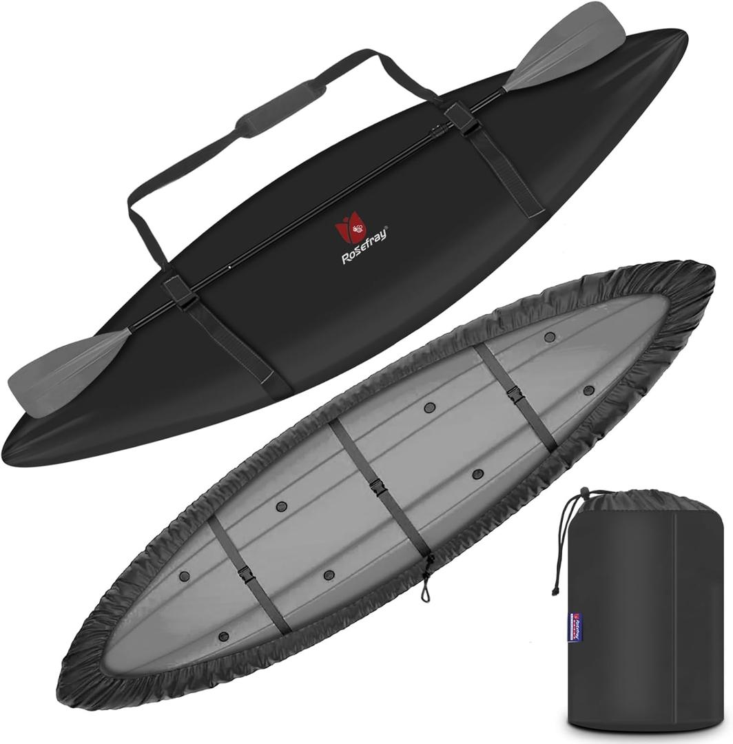 Rosefray 9.3-15 FT Kayak Cover, High-performance Marine kayak covers, Comfortable ShoulderStrap, Waterproof UV Resistant, Fade-Resistant Dustproof Fishing Boat Cover for Outdoor Storage (420D ShoulderStrap-Black)