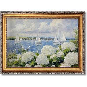 Large Framed Vintage Wall Art Sailboat Painting Nautical Seascape Landscape Canvas Print Hydrangea Flower Pictures Summer Poster Antique Lake House Decor for Living Room Bedroom Office 24x36inch