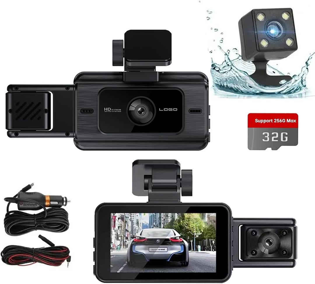 Dash Cam Front and Rear,KATZEIST 1080P Dash Camera for Cars,3 Channel Dash Cam Front and Rear Inside with 32GB Card Loop Recording, Night Vision, HDR, G-Sensor, 24 Hours Record