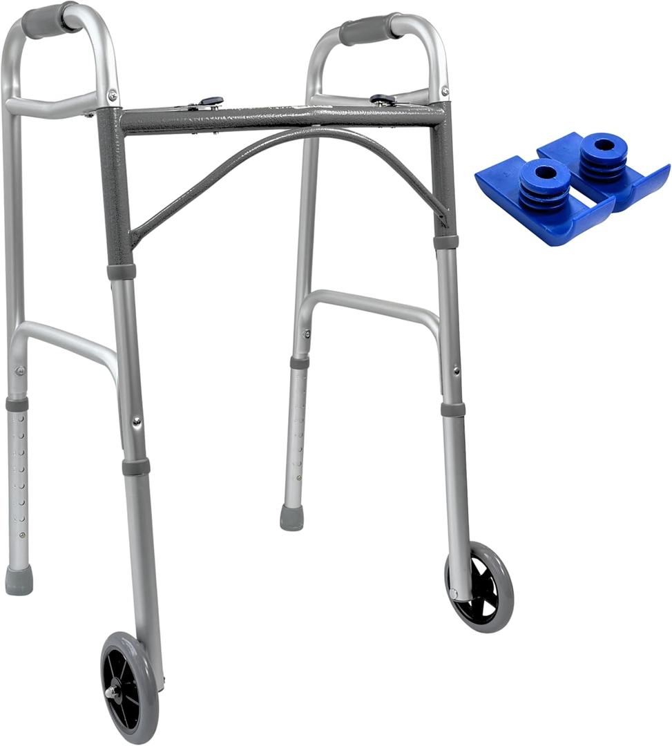 Foldable Lightweight Two Button Walker with 5 Wheels, Includes Ski Glides - Folding Design Ideal for Seniors and Elderly Adults - Adjustable for Tall Men and Women - Standing Handicap Mobility Aids