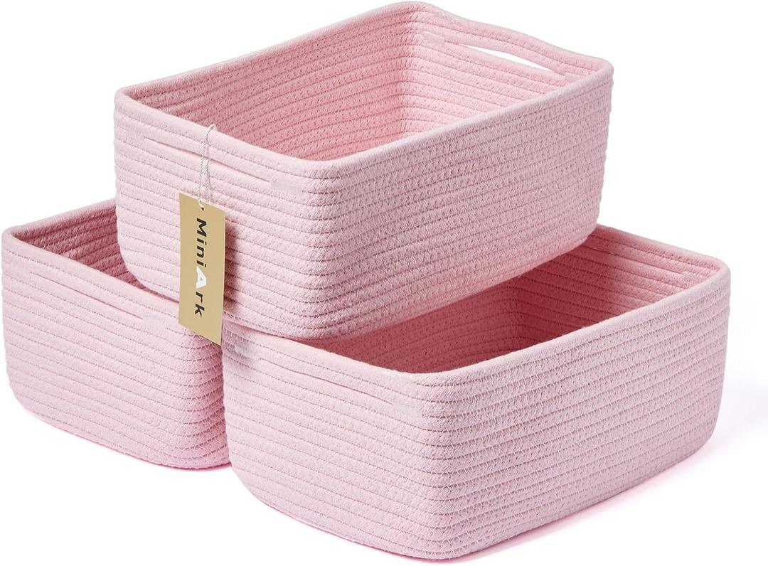 Small Storage Baskets for Organizing | Closet Organizer Bins | Shelf Toy Basket | Woven Rope Baskets | Cube Decorative Box | Shallow Basket | 13x8.5x5.1 | 3 Packs Pink