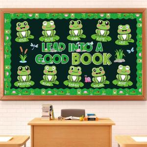 FYSUIMU Frog Bulletin Board Decor Set Summer Green Classroom Decorations Paper Cutouts Name Tag Leap into A Good Book Border Trim with Glue Point for Back to School Chalkboard Wall Decor, 62Pcs
