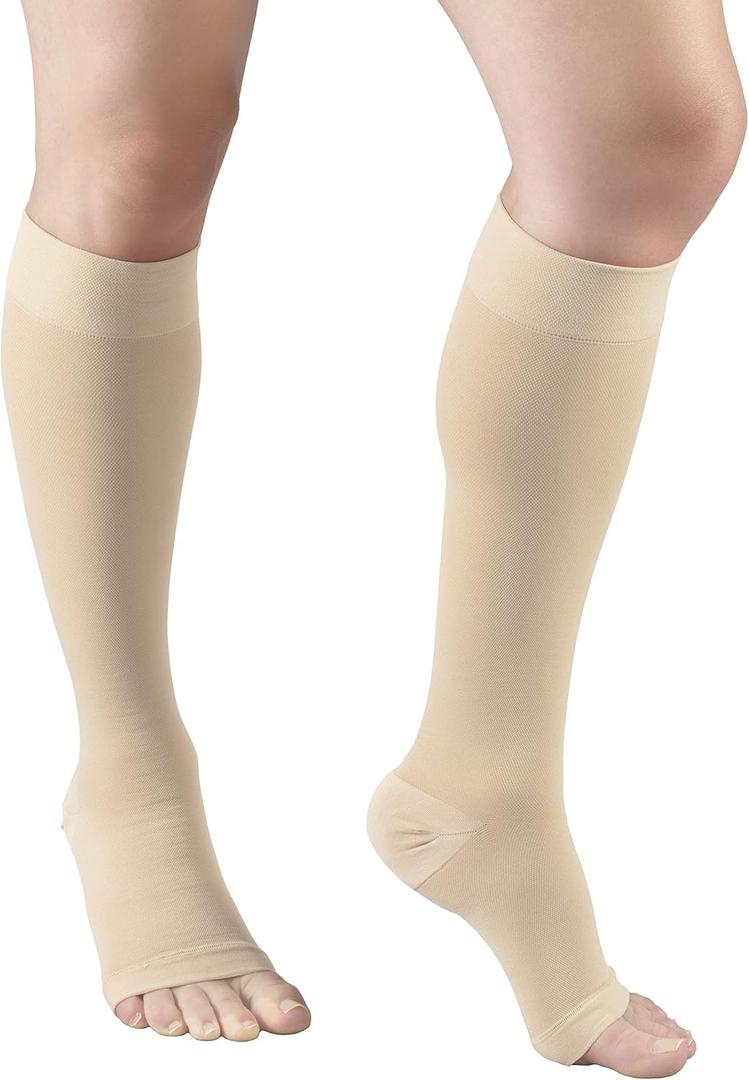 Truform 20-30 mmHg Medical Compression Stockings, Aloe Infused Microfiber, Knee High, Open Toe, Beige, Large
