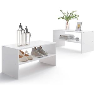 2-Tier Stackable White Shoe Rack, Wooden 2-Shelf Shoe Organizer Freestanding Shoe Storage Stand for 6-9 Pairs, Perfect for Closet, Entryway, Office Use - White(Pack of 2)