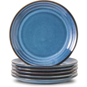 Hasense Salad Dessert Plates, 8 Inch Ceramic Dinner Plate Set of 6, Small Round Serving Dishes for Appetizer, Fruit, Cake, Snack, Blue Reactive Glaze Kitchen Gift, Microwave Dishwasher Safe