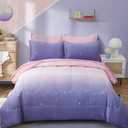 Dinjoy Girls Comforter Set Full Size Colorful Ombre Pink Purple Rainbow Bedding Set Bed in A Bag for Kid Teen Girls 7 Pieces (1 Comforter, 1 Flat Sheet, 1 Fitted Sheet, 2 Pillow Shams, 2 Pillowcases)
