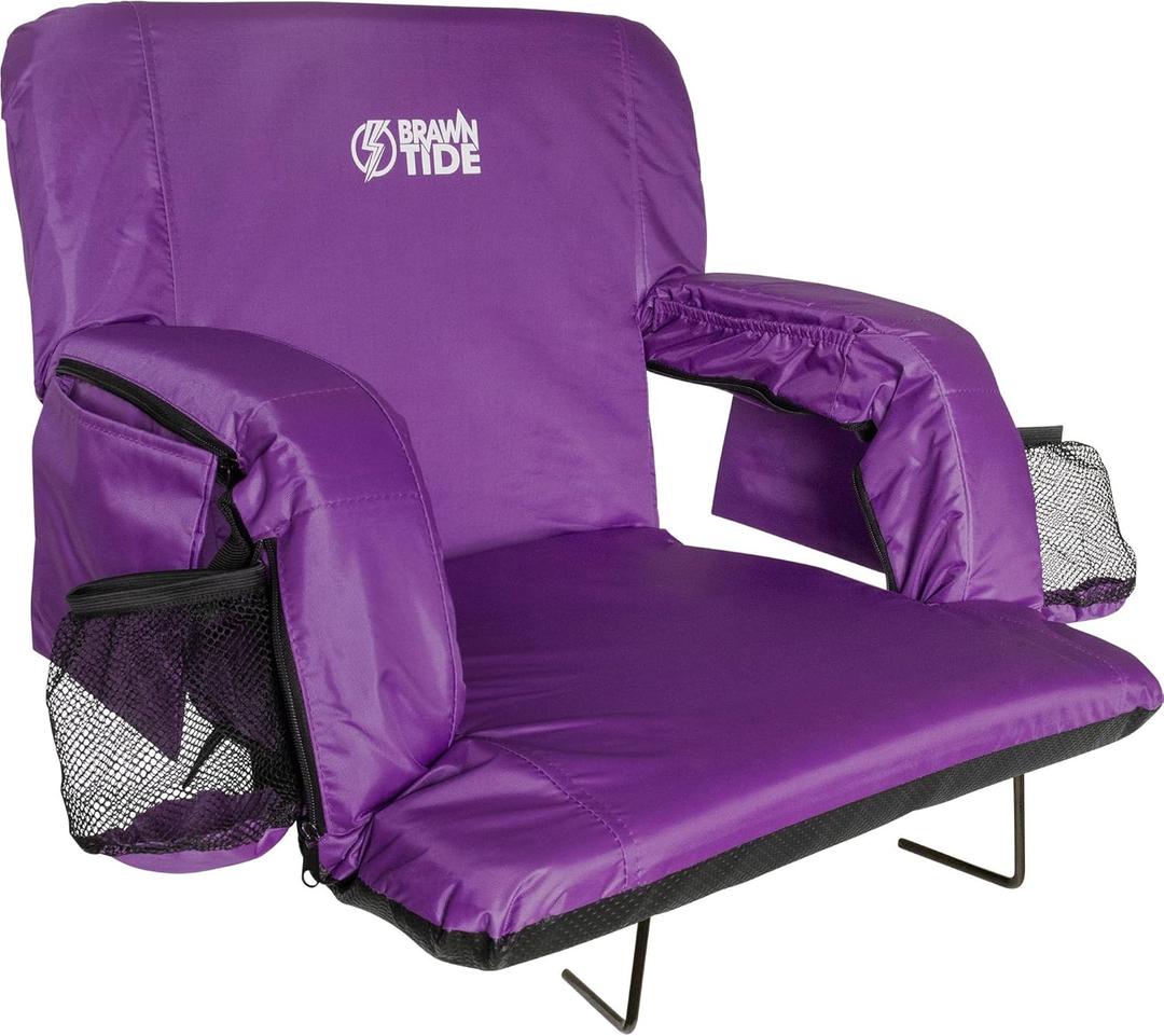 BRAWNTIDE Stadium Seat with Back Support - Comfy Cushion, Thick Padding, 2 Steel Bleacher Hooks, 4 Pockets, 2 Cup Holders, Reclining Back, Ideal Chair for Sport Events, Beaches, Camping, Concerts (Wide - Width 22.5 Inches, Purple)
