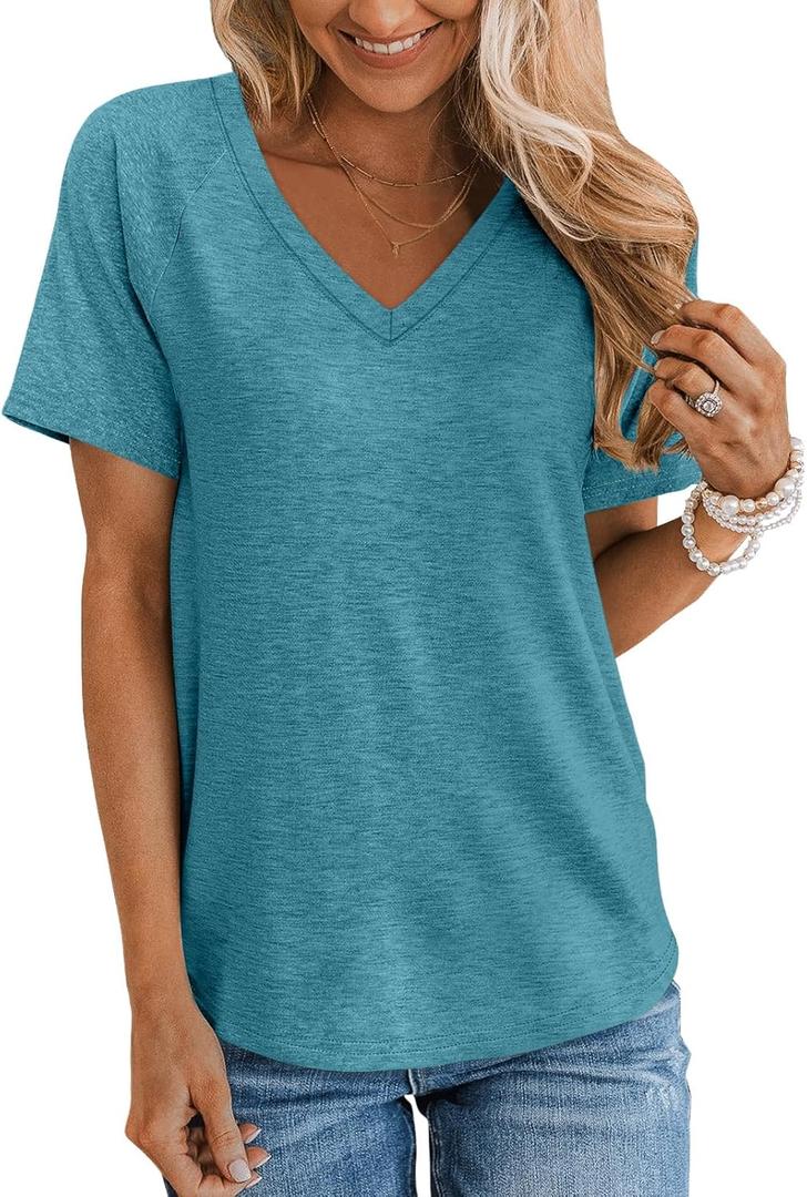 TICTICMIMI Women's Summer V Neck Short Sleeve Tops Casual Basic T Shirts Loose Fit Dressy Tunic Blouse, XL