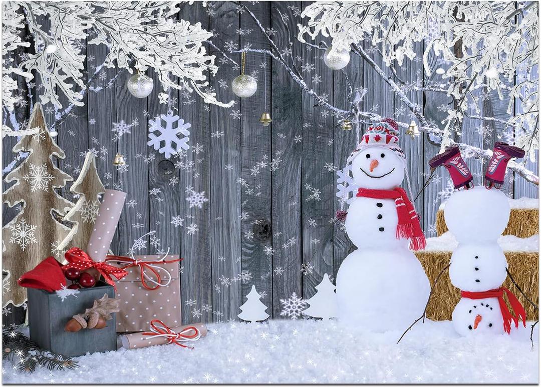 Dudaacvt 8x6ft Christmas Snowman Backdrop Rustic Wood Wall Winter Wonderland Background Snowflakes Gifts Frosted Trees Holiday Party Photo Booth Home Decor