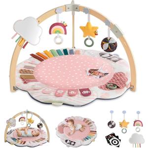 Blissful Diary Baby Play Gym & Activity Mat, 5 Developmental Zones Wooden Tummy Time Mat with 5 Detachable Sensory Toys for Motor Skills & Sensory Development, Baby Essentials Shower Gift, Pink Flower