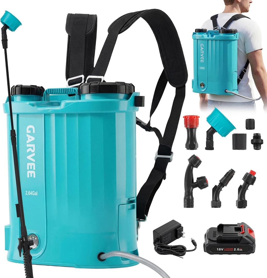 2.6 Gallon Battery Powered Backpack Sprayer, 0-65 PSI Adjustable Pressure, Electric Sprayer with 5 Nozzles and 1 Wands, 18V 2Ah Battery, Wide Mouth Lid for Weeding, Spraying