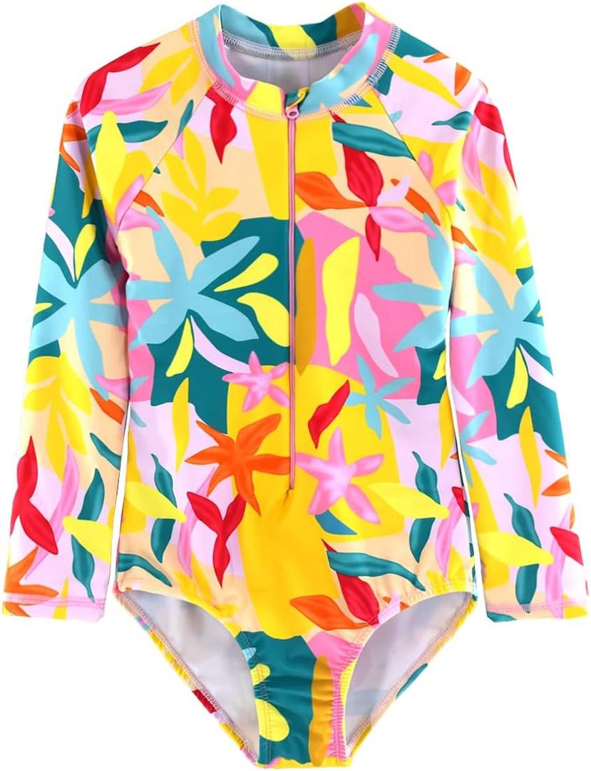 CARMEISON Girls Long Sleeve Swimsuit One Piece Bathing Suit Zipper UPF 50+ Rash Guard Swimwear Yellow Flowers 5T