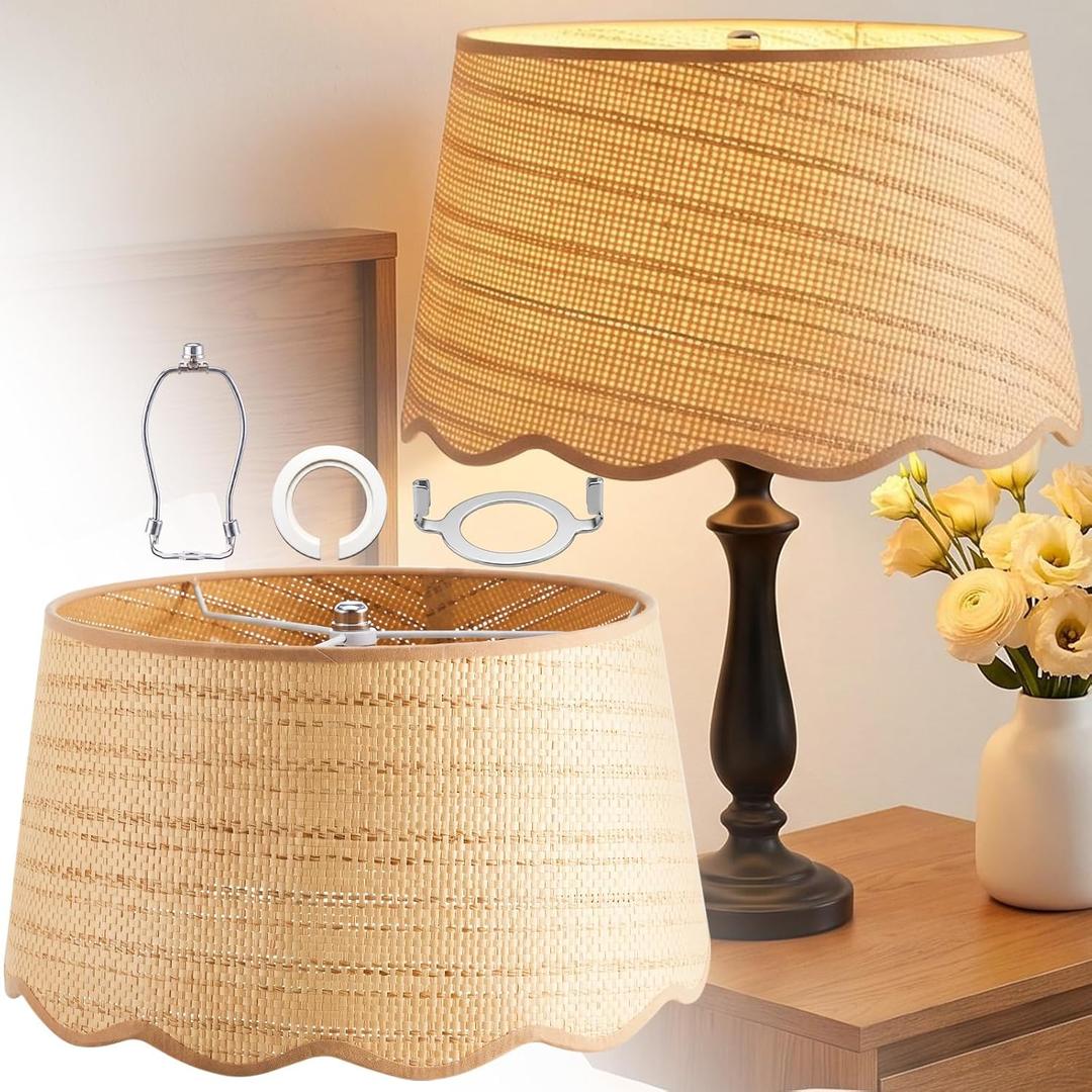 Boho Rattan Table Lamp Shade Scalloped Nightstand Bedside Accent Floor Lamp, 14" Top X 16" Bottom X 10" High
