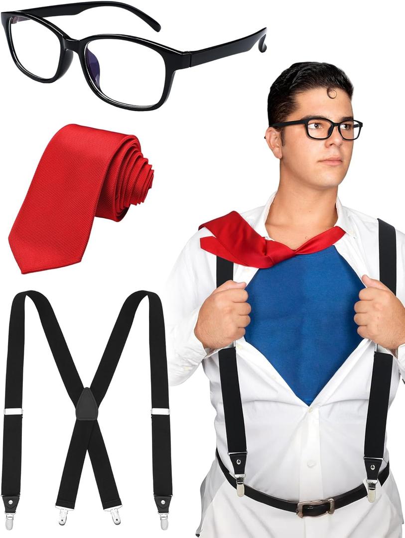 3 Pcs Halloween Classic Cinema Reporter Nerd Cosplay Accessories Set Include Black Nerd Glasses Red Solid Color Tie Formal Necktie Solid Suspender for Boys Men Cosplay Party Dress up