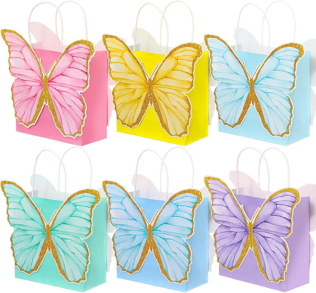 MotiMind 24 Pcs Butterfly Party Favor Bags with Handles Pink Purple Blue Butterfly Goodie Gift Paper Treat Candy Bags for Birthday Party Bridal Showers Supplies (Bright Colors)