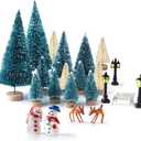KUUQA Mini Christmas Trees Bottle Brush Trees with Snowmen Reindeer, 31Pcs Christmas Village Sets Village Accessories Ornaments for Christmas Decorations Indoor Village Display Platforms Winter Decor (Blue-green1)