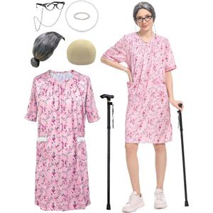 Cupohus Women's Old Lady Wig Costume Set, 100 Days of School Adult Granny Dress Cosplay, Grey Wig, Cane, Floral Dress Outfit (Small/Medium, Pink)