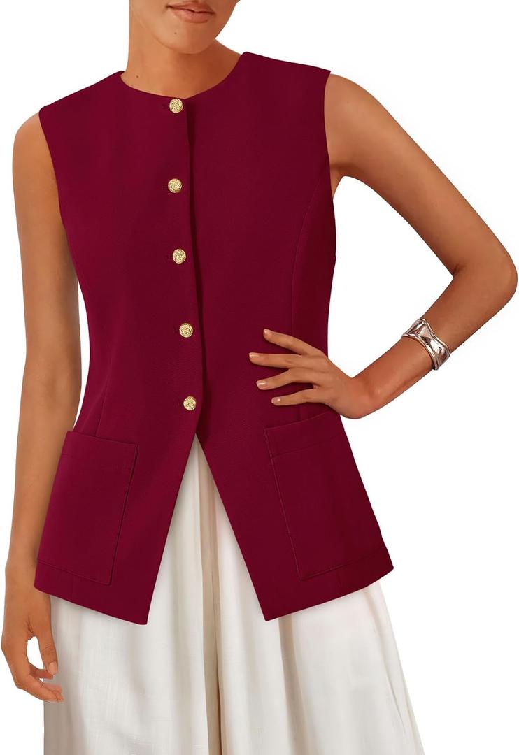 2 x PRETTYGARDEN Blazer Vest Tops for Women Sleeveless Button Down Business Casual Outfits Work Suit Vests Waistcoat (Red, S)
