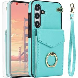 Asuwish Phone Case for Samsung Galaxy S24 Plus S24+ 5G Wallet Cover with Tempered Glass Screen Protector and RFID Blocking Ring Credit Card Holder Leather Cell S24plus 24S + S 24 24+ Women Men Teal