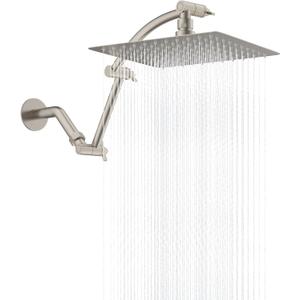 Hibbent All Metal Rain Shower Head, 10'' High Pressure Rainfall Showerhead with 16" Shower Head Extension Arm, Solid Brass Adjustable Shower Arm Extender, Waterfall fixed Showerheads, Brushed Nickel