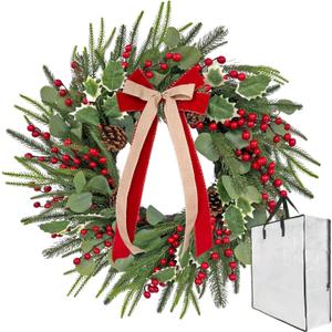 Front-Door Christmas Wreaths with Bow: 24 Inch Red Berry Pine Wreath Comes with Storage Bag - Durable Outdoor Winter Wreath Creating Warm Xmas Vibes - Easy Storage & Gifts Ready Instantly