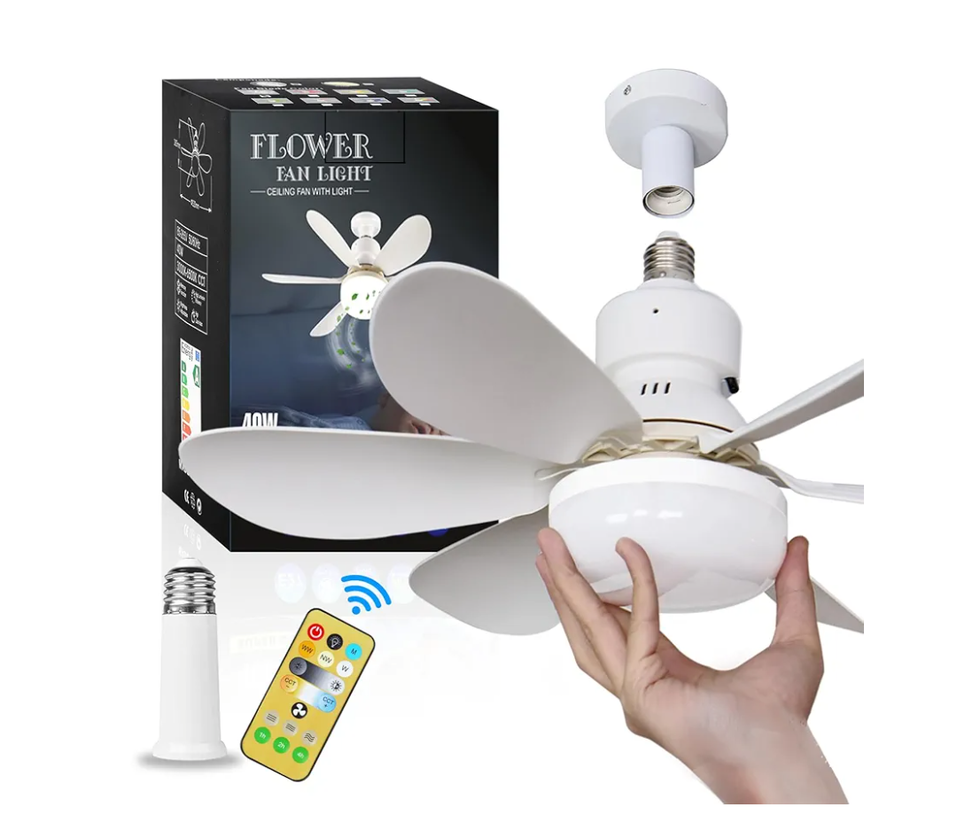 Socket Ceiling Fan with Light, 20.5in Screw Ceiling Fans with Lights, E27/E26 Base Small Ceiling Fan with Remote, LED Mini Ceiling Fans for Bedroom/Garage/Kitchen(White)