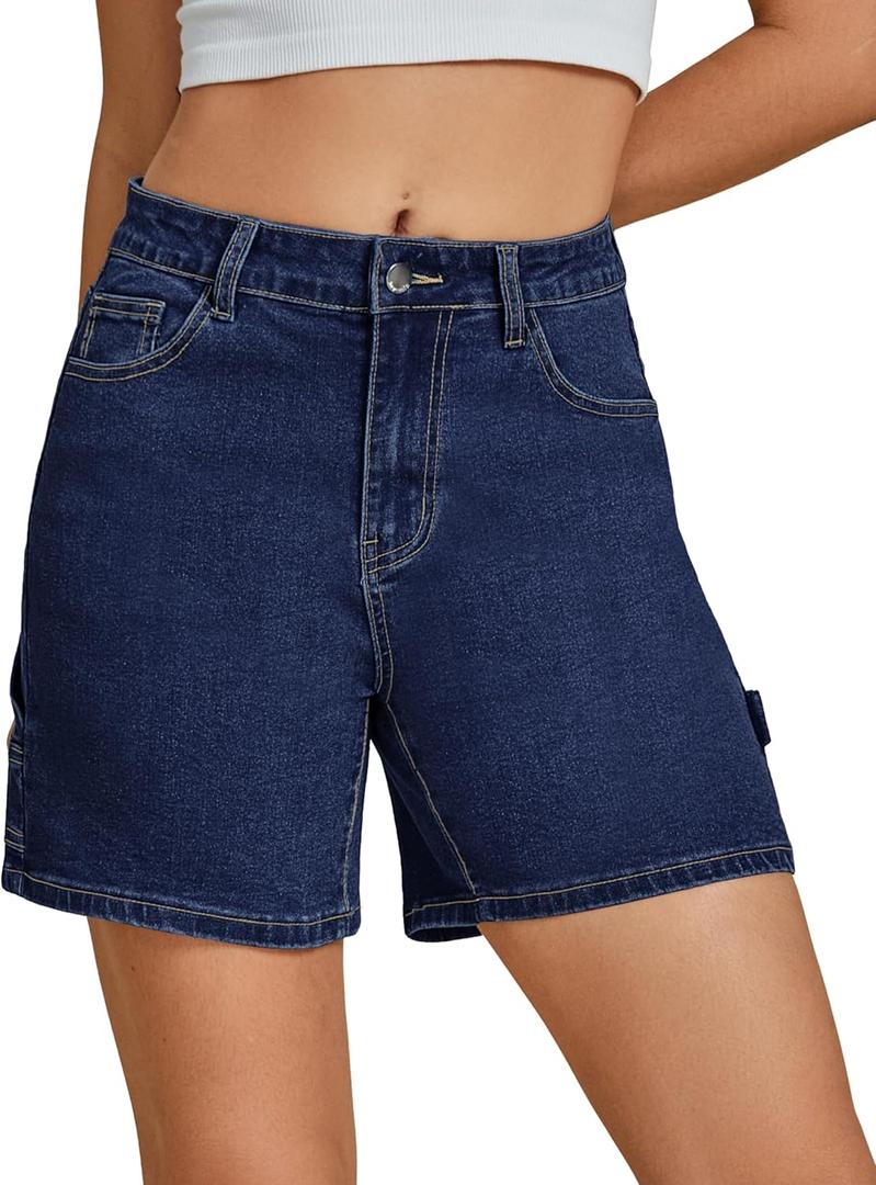 Luvamia Jean Shorts for Women High Waisted Trendy Casual Utility Stretchy Denim Jorts Cutoff Long Shorts with Pockets (Blue, L)