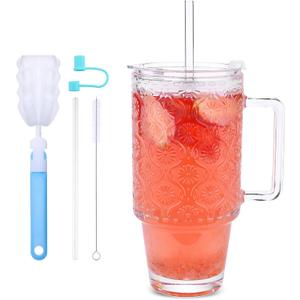 BELLAFORTE Glass Cups with Lids and Straws 24oz Tumbler Cup with Handle, Iced Coffee Cups, Reusable Drinking Glass Tumbler for Smoothies, Tea, Juice, with Silicone Stopper & Brush 