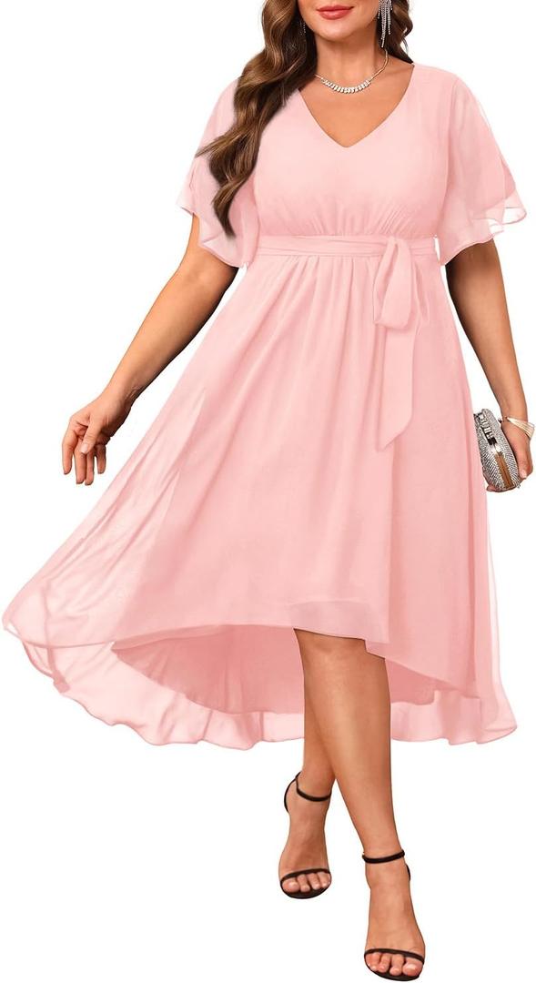 Plus Size Dresses Wedding Guest - Formal Cocktail Chiffon V Neck Short Sleeve High Low Dress Curvy Women (Pink)