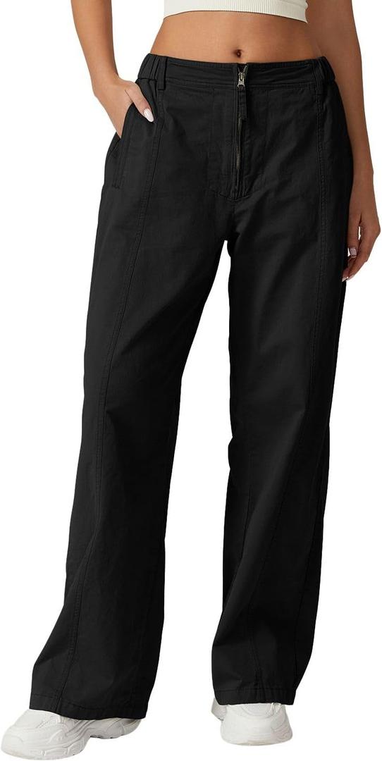 QINSEN Womens Zip Front Wide Leg Long Pants High Waist Causal Cargo Pants Cotton Pocket Palazzo Pants (X-Large, Black)