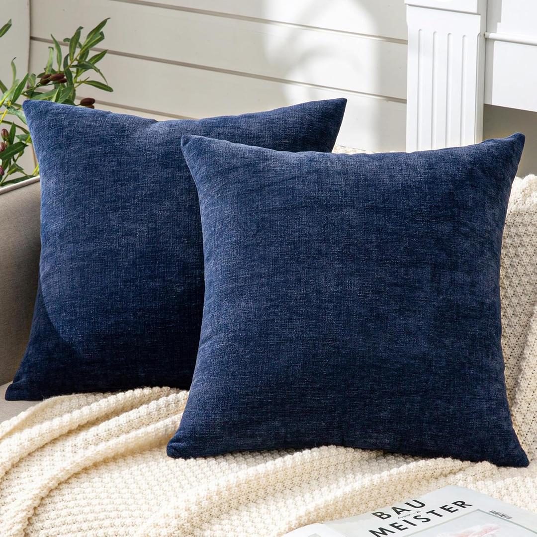 GAWAMAY Decorative Square Throw Pillow Covers 18"x18" Inch Set of 2, Super Soft Chenille Pillows Cover Fall Pillowcase for Living Room Bedroom Sofa Couch Cushion Cover Navy Blue 45x45cm (Only Covers)