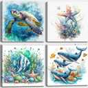 dgbtcart Ocean Bathroom Wall Art Watercolor Sea Turtle Starfish Whale Canvas Pictures Coastal Prints Painting Artwork for Living Room Bedroom Decorations 16x16 4 Pcs, multi-ocean1