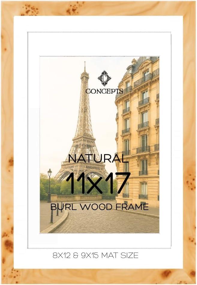 Concepts Pack of 1-11x17 Burl Wood Picture Frames with Double Matted (8X12/9X15), Natural Finish, Eco-Friendly Packaging – Elegant Wallhung Decor for Family Photos