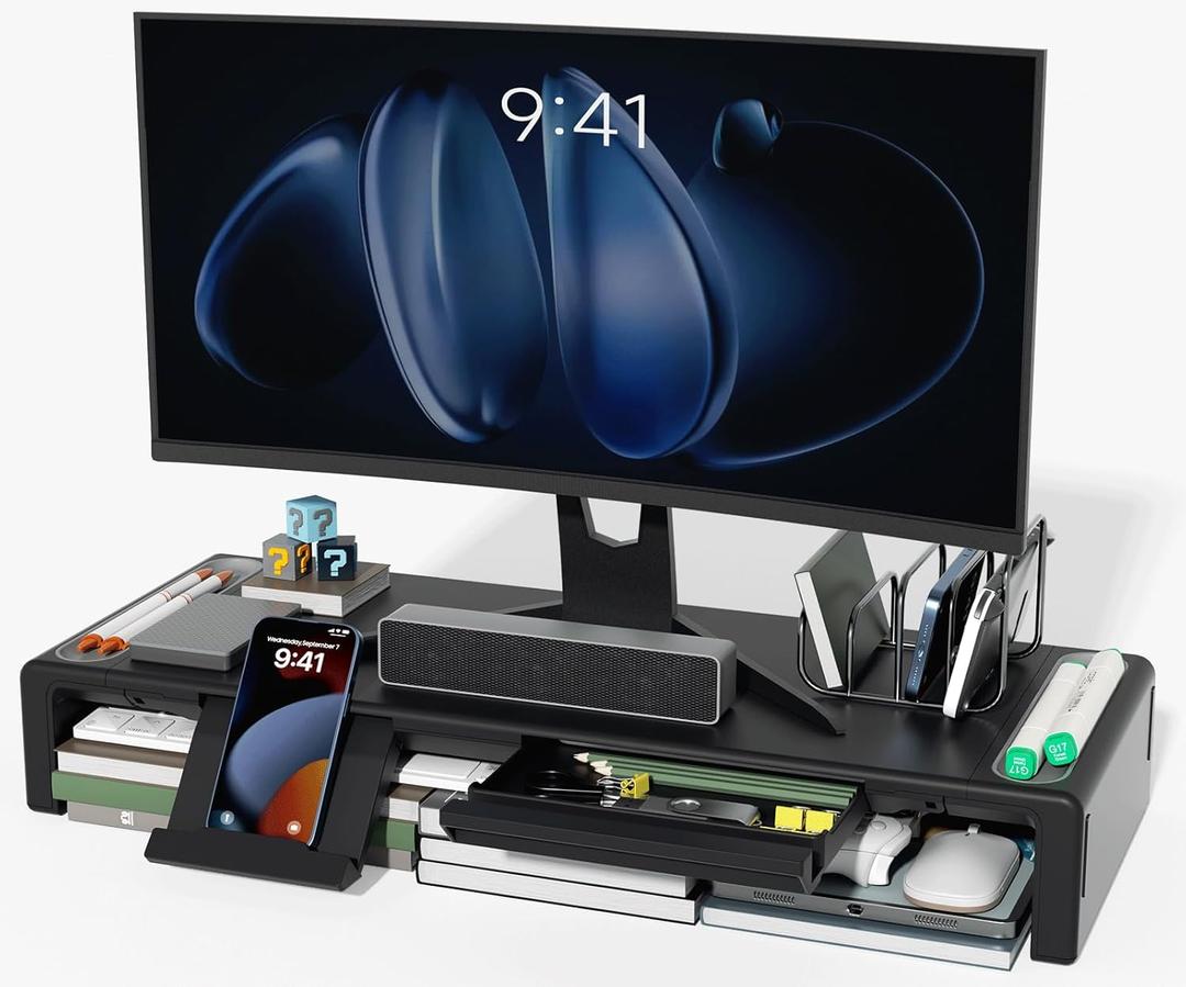 OImaster Adjustable Monitor Stand Riser with Drawer - Foldable Computer Stand for Desk, Desktop Organizer with Phone Holder & Pen Slot, Space Saving Laptop Riser for Home Office, Black