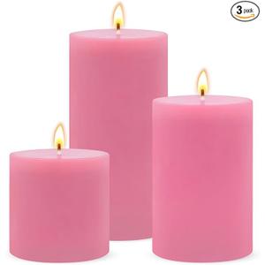 Pink Unscented Pillar Candles 3Pack – Dripless & Smokeless, LongBurning Thick Candles (2",3",4" Heights) for Weddings, Home Decor & Serene Ambiance
