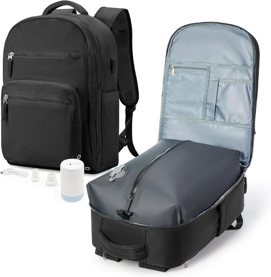 winspansy Vacuum Backpack Travel Compression Bags with Pump Carry-on for Travel Personal Item Waterproof Laptop College Casual Daypack Backpacks Flight Approved for Men Women Mochila de Viaje Black